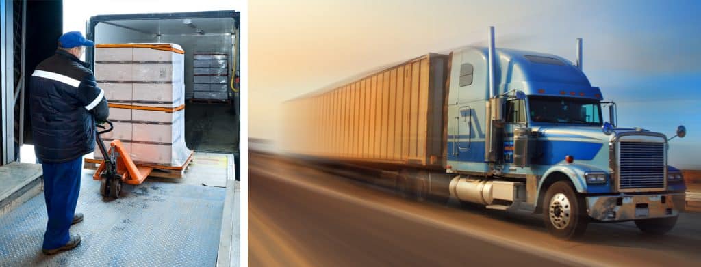 Left: A man loads packages onto the back of a semitruck, Right: A blue semitruck speeds down a highway